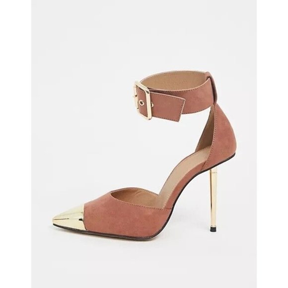 ASOS DESIGN Wide Fit Pierce Suede Feel Mocha w Gold Toe Cap & Heels Sz 9 NEW - Picture 2 of 7